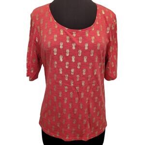 Chico’s Pineapple Malibu Tee Pink Metallic Print L
